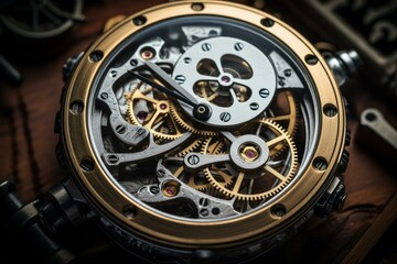 Close-up macro photography of intricate mechanical watch movement with elegant craftsmanship and high-end swiss technology, showcasing the precision and durability of this luxury timepiece