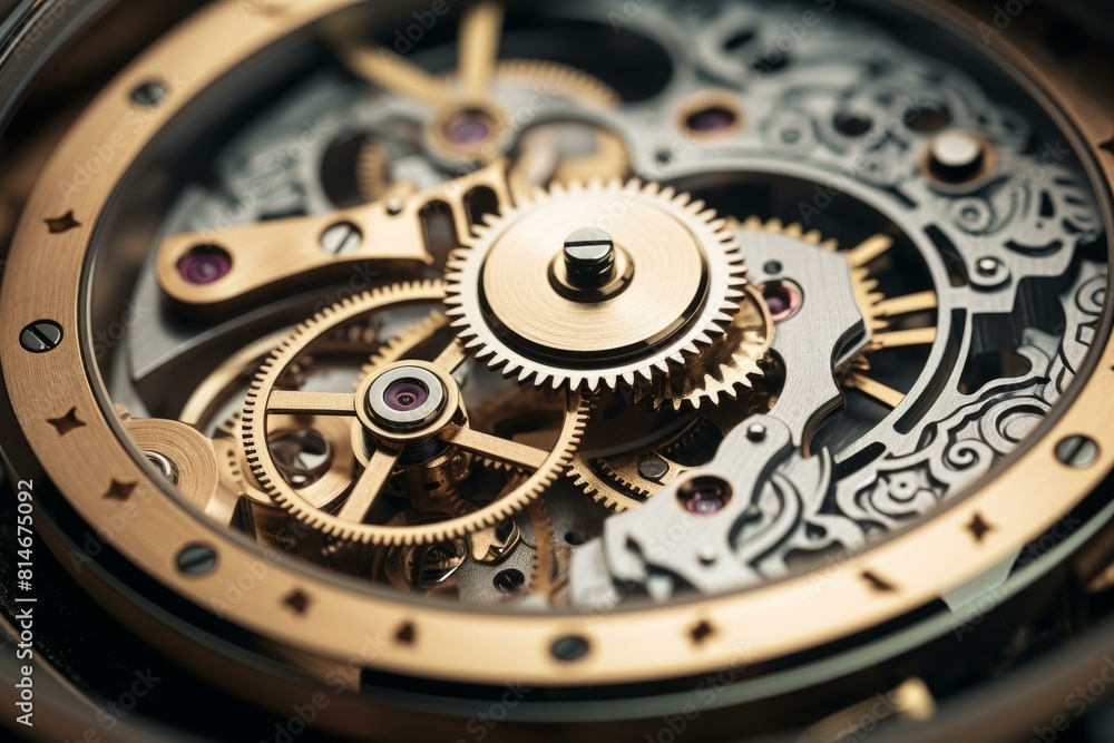 Poster close-up of intricate watch mechanism with gears and cogs, showcasing the sophisticated craftsmanshi