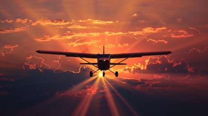 A small motor plane is flying through a cloudy sky. The planes silhouette is visible against the overcast backdrop as it navigates its course through the air.