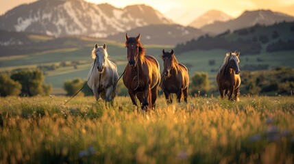 Five strong and muscular big horses. grazing at green field. Beautiful blurry mountain at background. Generative AI.