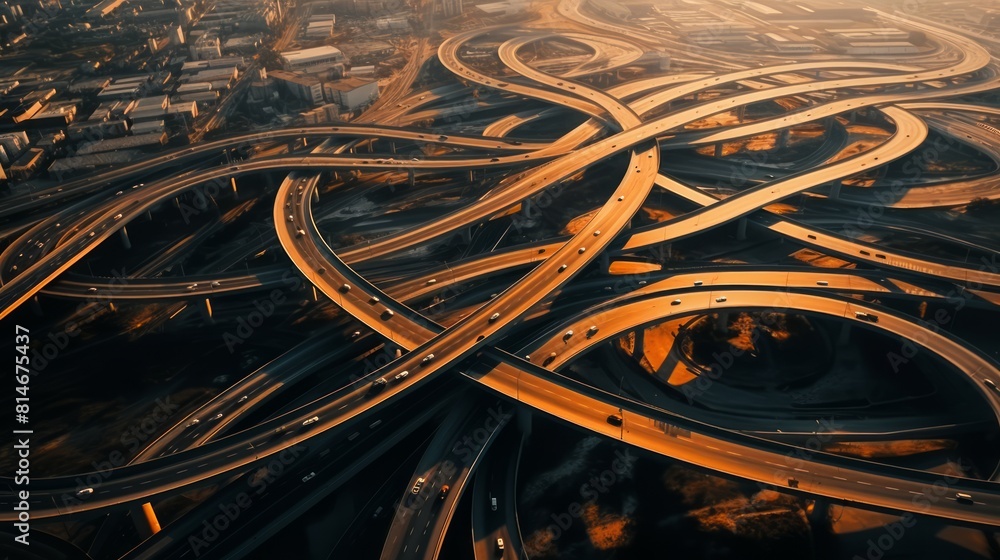 Poster Generative AI Aerial shots showcasing a complex highway interchange with multiple lanes and flyovers in an urban setting.