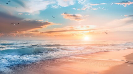 Fototapeta premium The setting sun casts a golden glow over the beach. The waves gently lap against the shore, and the seagulls cry overhead. It is a peaceful and relaxing scene.