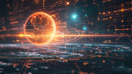Obraz premium A futuristic scene featuring a glowing sphere set against a high-tech background with digital elements. The sphere emits a bright light, illuminating the surrounding area and creating a striking visua