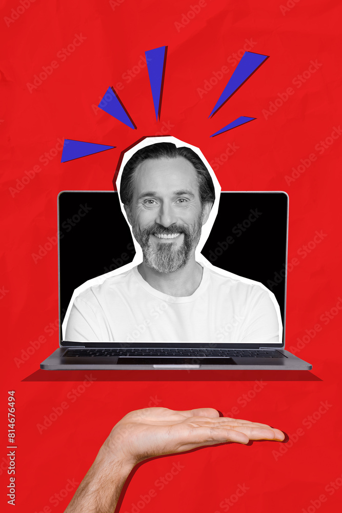 Poster composite trend artwork sketch image photo collage of huge laptop device display workspace project a