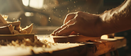 Hands shape wood with care, amidst a burst of golden shavings in a timeless craft.