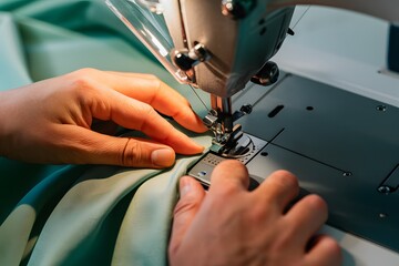 Skilled hands sewing intricate stitches using a light green fabric on sewing machine.