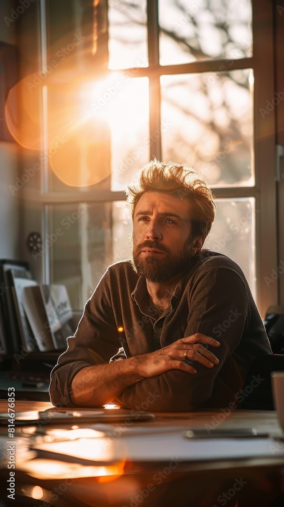 Fototapete A man is seated at a desk positioned in front of a window. The man appears focused as he works on tasks or projects in the interior space near the natural light source provided by the window.