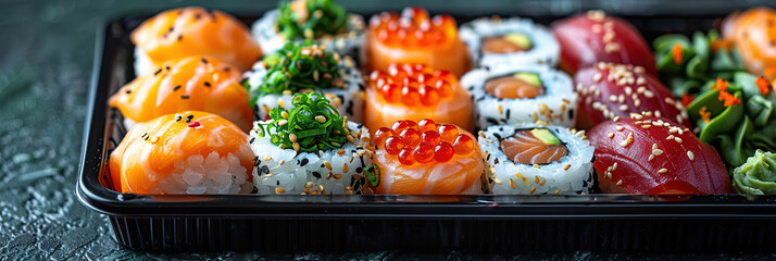 expensive sushi on the tray, top view, empty light gray background, with empty copy space, beautiful decoration