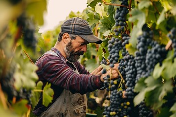 Front view winemaker senior farmer man in hat leaned over a grapevine picked a bunch to check the quality of the berries