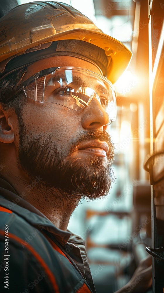 Poster a man wearing a hard hat and safety glasses is looking up at a light fixture. concept of caution and