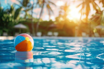 Creative summer holidays wallpaper. Colorful beach ball floating on the pool. Inflatable ball floating.