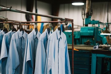 Workshop with hanging light blue shirts, machinery and tools, clothing processing or repair.