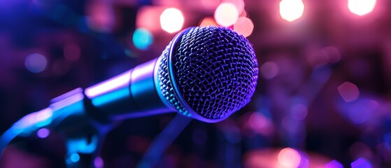 A close-up of a microphone on a stage with a blurred background of pink and purple lights.
