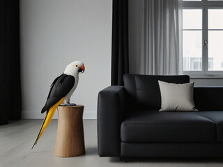 Contrast in Simplicity: Black Sofa, Black & White Parrot 