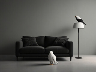 Contrast in Simplicity: Black Sofa, Black & White Parrot 