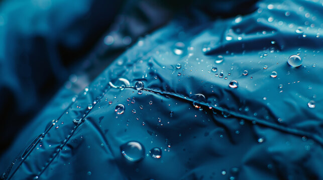 Close-up of rain droplets on a waterproof fabric, embodying nature's interaction with technology.