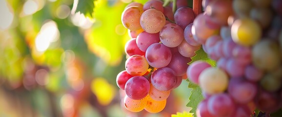 Large bunches of red wine grapes hang from an vine in warm afternoon light