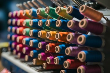 Colorful thread spools organized on a machine for embroidery or sewing purposes.