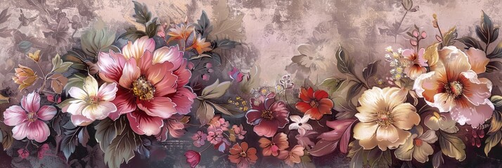 Beautiful fantasy vintage wallpaper botanical flower bunch, vintage motif for floral print digital background
