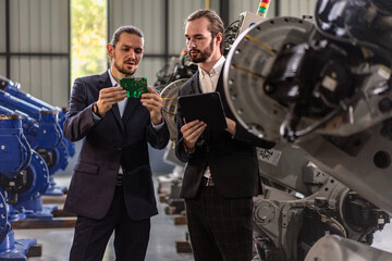 Robotic engineer manager meeting business partner talking heavy machinery technology agreement contract. Engineering technician explaining industrial service to caucasian client. Partnership teamwork