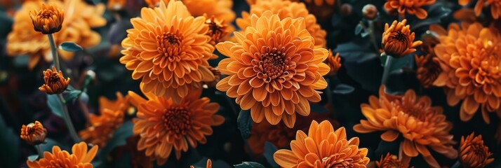 Close up of bouquet of orange chrysanthemum flowers in pot in garden, background image, banner image