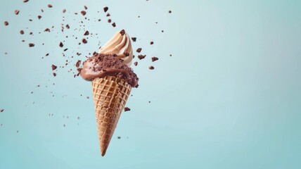 Ice cream cone with chocolate crumbs isolated on blue background. Ice cream cone is flying during photo session. Creative summer concept. 