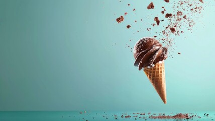 Ice cream cone with chocolate crumbs isolated on blue background. Creative snack concept. Summer dessert poster. 