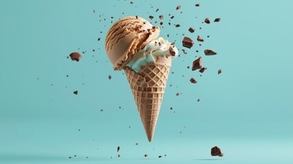 Ice cream cone with chocolate crumbs isolated on blue background. Creative snack concept. Summer dessert poster. 