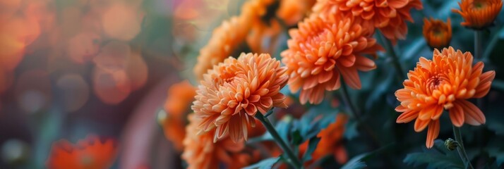 Close up of bouquet of orange chrysanthemum flowers in pot in garden, background image, banner image