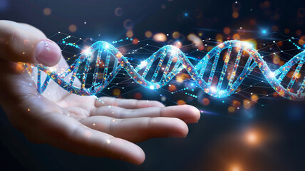 A person hand holding a DNA Symbol molecules. Digital DNA sequence on a hand. Digital wireframe DNA molecules structure. Science and Technology concept. Digital molecule interface. Generative Al