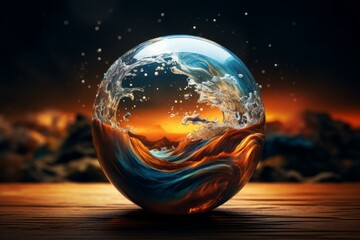 Creative concept of a sphere containing swirling water and fire elements at sunset