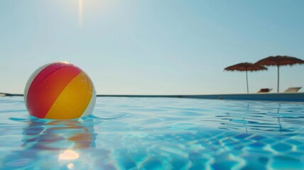 Creative summer holidays background. Colorful beach ball floating on the sea. Inflatable ball floating.