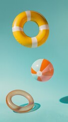 Beach summer equipment flying in the studio during the photo session. Pastel colors. Creative summer concept. Flat lay. 
