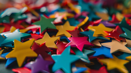Scattered vibrant star confetti creating a colorful and festive background.