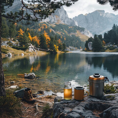 camping gear and pots. Camping elements, equipment near the lake