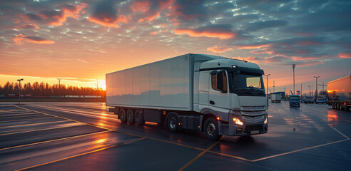 An white e-truck on an parking place, from side perspective, warm light of sunset. Generative AI.