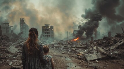 Women and children look at a city destroyed by war bombs. Black smoke with fire ahead