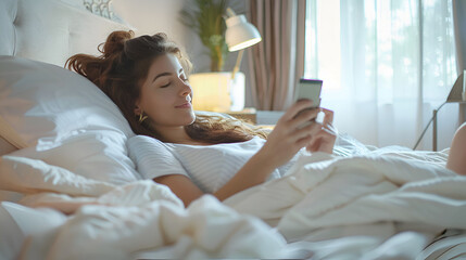 Young woman lying on the bed using online payment app and digital wallet on smartphone to pay with credit card. E commerce shopping and modern purchasing via mobile internet. Unveiling