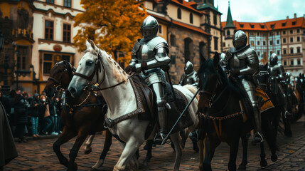 Medieval knights mounted on horseback, their valor frozen in time on the cobblestone road.