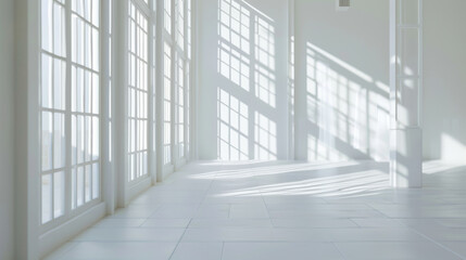 Serenity reigns within the sun-bathed minimalism of a modern architectural corridor.