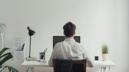 Rear view of a person seated at a minimalist workspace in a bright, organized office.