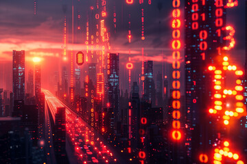 Naklejka premium Digital Dollarscape: A Futuristic City Illuminated by Dollar Signs