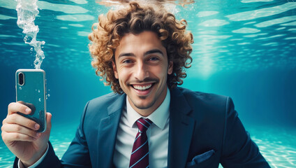 a young smiling businessman with curly hair in a suit and tie using smart phone underwater in a transparent swimming pool
