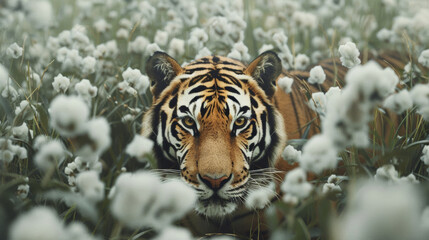 Obraz premium Majestic tiger peering through a serene field of cotton plants.