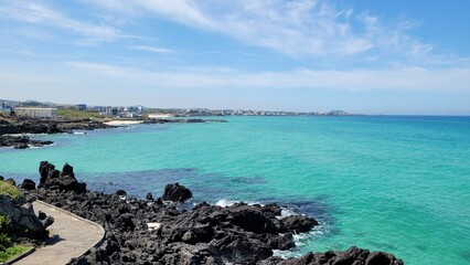 Handam Coastal Trail, Jeju Island, Korea, beach, blue sea, blue sky, beach