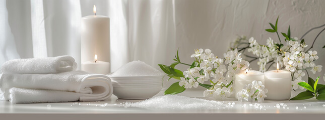  Luxurious Spa Bathroom with White Towels and Orchids. Elegant spa setting featuring fluffy white towels, white orchid flowers, lit candles, and a serene atmosphere highlighted by natural light and a 