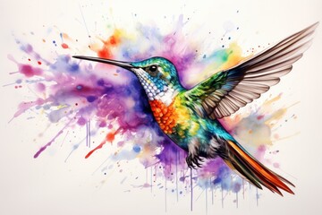 Obraz premium Artistic illustration of a colorful hummingbird with watercolor splashes, symbolizing creativity and nature