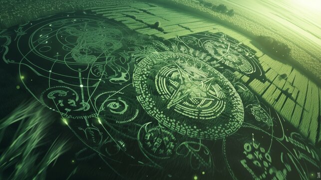 A green crop circle with geometric patterns and a close-up of wheat ears.