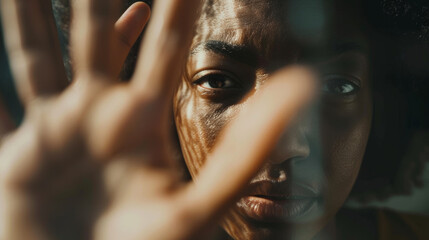 A woman's face partially obscured by her hands tells a powerful story of vulnerability and strength.