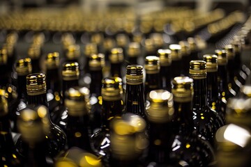 rows of wine bottles with stoppers on modern winery